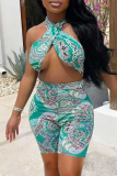 Green Fashion Sexy Print Hollowed Out Backless Halter Skinny Romper