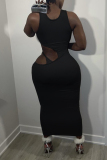 Black Sexy Casual Solid Hollowed Out O Neck Sleeveless Dress