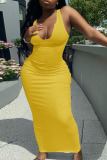 Yellow Casual Daily Solid Patchwork V Neck A Line Dresses