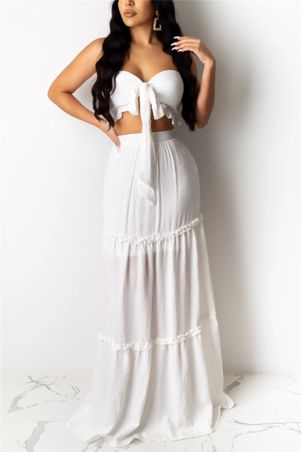 White Sexy Fashion Strapless Tops Long Skirt Set
