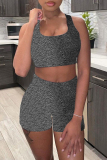 Grey Casual Sportswear Solid Vests U Neck Sleeveless Two Pieces