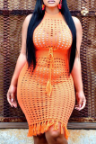Orange Sexy Solid Hollowed Out Halter Pencil Skirt Dresses