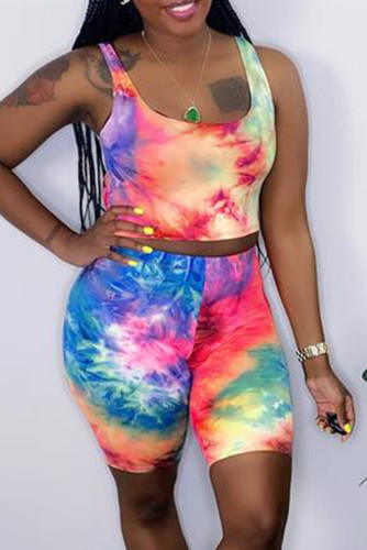 Colour Fashion Casual Tie Dye Printing U Neck Sleeveless Two Pieces