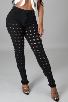 Black Sexy Solid Hollowed Out Mid Waist Skinny Denim Jeans