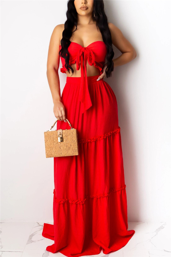 Red Sexy Fashion Strapless Tops Long Skirt Set
