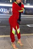 Red Sports Stitching Lapel Long Sleeve Jumpsuit