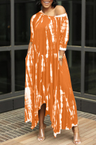 Orange Fashion Print Basic O Neck Irregular Dress
