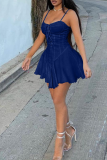 Deep Blue Sexy Solid Patchwork Spaghetti Strap Cake Skirt Dresses