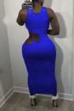 Blue Sexy Casual Solid Hollowed Out O Neck Sleeveless Dress