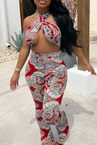 Red Sexy Print Split Joint Halter Boot Cut Jumpsuits