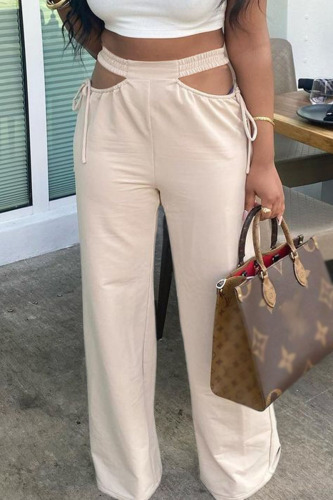 Apricot Casual Solid Hollowed Out Draw String Boot Cut Wide Leg Patchwork Bottoms