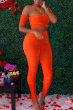 Orange Fashion Sexy Solid Hollowed Out Off the Shoulder Short Sleeve Two Pieces