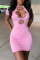 Pink Sexy Casual Solid Bandage Hollowed Out O Neck Short Sleeve Dress