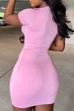 Pink Sexy Casual Solid Bandage Hollowed Out O Neck Short Sleeve Dress