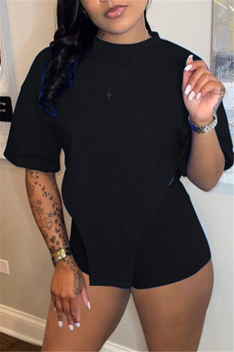 Black Fashion Casual Solid Asymmetrical O Neck Short Sleeve Two Pieces