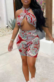Red Fashion Sexy Print Hollowed Out Backless Halter Skinny Romper