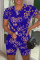 Deep Blue Casual Print Split Joint O Neck Short Sleeve Two Pieces