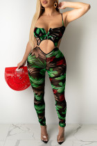 Black Fashion Sexy Print Hollowed Out Backless Spaghetti Strap Skinny Jumpsuits