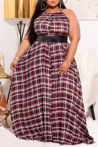 Deep Red Sexy Print Make Old Halter Ball Gown Plus Size Dresses（Without Belt）