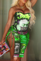 Fluorescent Green Fashion Sexy Print Backless Slit Strapless Sleeveless Two Pieces