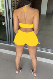 Yellow Fashion Sexy Solid Backless Halter Sleeveless Two Pieces