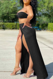 Black Sexy Solid Hollowed Out Backless Slit Strapless Sleeveless Two Pieces
