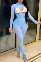 Baby Blue Fashion Sexy Solid Hollowed Out See-through Half A Turtleneck Skinny Jumpsuits