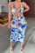 Blue Fashion Sexy Print Tie Dye Hollowed Out Backless Halter Sleeveless Dress