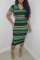 Green Fashion Casual Striped Print Basic Zipper Collar Short Sleeve Dress