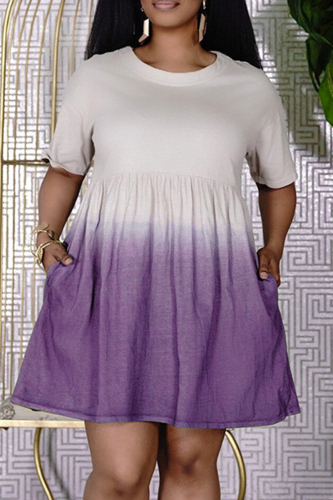 Purple Fashion Casual Gradual Change Print Basic O Neck Short Sleeve Dress