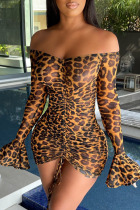 Leopard Print Sexy Print See-through Mesh Wrapped Skirt Dresses