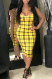 Yellow Fashion Sexy Plaid Print Backless Spaghetti Strap Sleeveless Dress