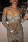 Khaki Fashion Sexy Print Hollowed Out Backless Strapless Long Sleeve Dresses