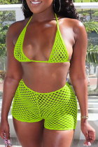 Fluorescent Green Sexy Solid Mesh Swimwears