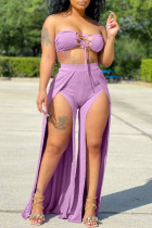 Purple Sexy Solid Hollowed Out Backless Slit Strapless Sleeveless Two Pieces