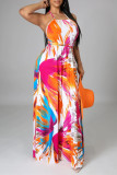 Colour Fashion Sexy Print Backless Spaghetti Strap Sleeveless Dress