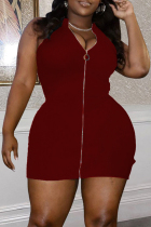 Red Fashion Sexy Plus Size Solid Zipper Sleeveless Dress