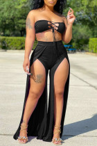 Black Sexy Solid Hollowed Out Backless Slit Strapless Sleeveless Two Pieces