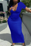 Deep Blue Fashion Casual Solid Basic V Neck Short Sleeve Dress