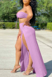Purple Sexy Solid Hollowed Out Backless Slit Strapless Sleeveless Two Pieces