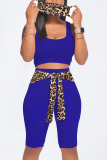 Blue Casual Leopard Bandage Patchwork U Neck Sleeveless Two Pieces（with a mask)