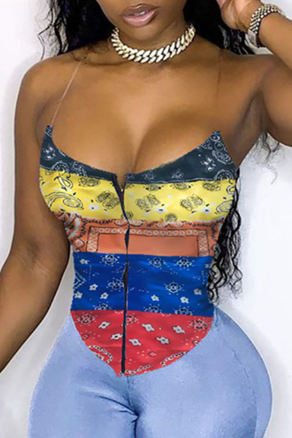 Multicolor Fashion Sexy Print Backless Spaghetti Strap Tops
