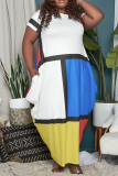 Green Casual Color Block Patchwork O Neck Straight Plus Size Dresses
