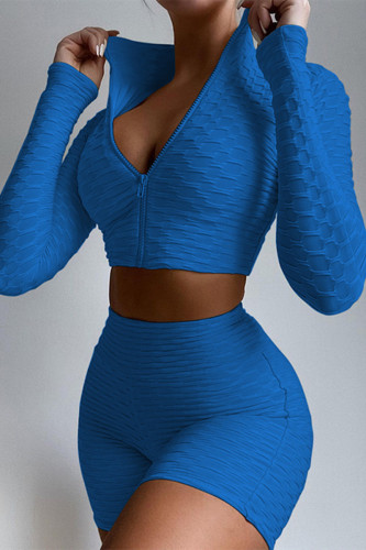 Blue Casual Sportswear Solid Basic Zipper Collar Long Sleeve Two Pieces