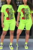 Fluorescent green Fashion Casual Printed T-shirt Shorts Set