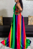 Rainbow Color Fashion Sexy Print Hollowed Out Backless Halter Sleeveless Dress