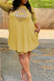 Yellow Casual Solid Patchwork Hot Drill O Neck Long Sleeve Plus Size Dresses