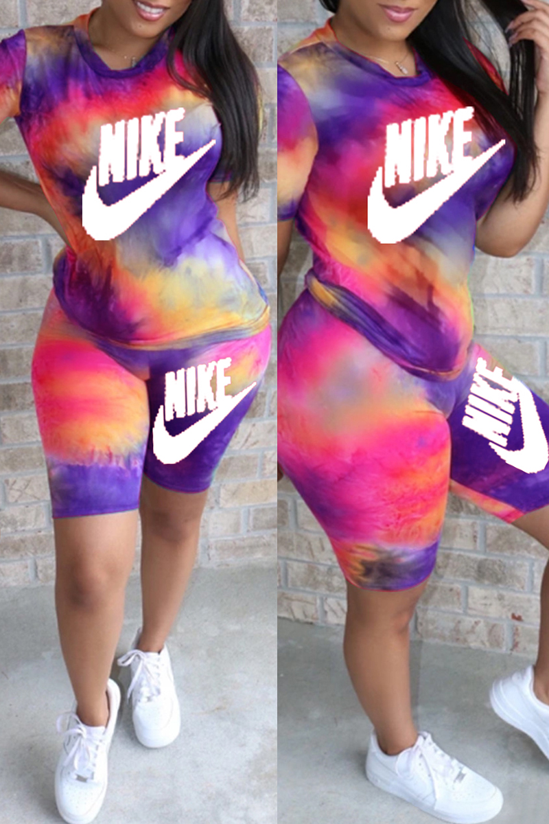 

Purple Fashion Casual Letter Print Tie-dye O Neck Short Sleeve Two Pieces