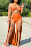 Orange Sexy Solid Hollowed Out Backless Slit Strapless Sleeveless Two Pieces