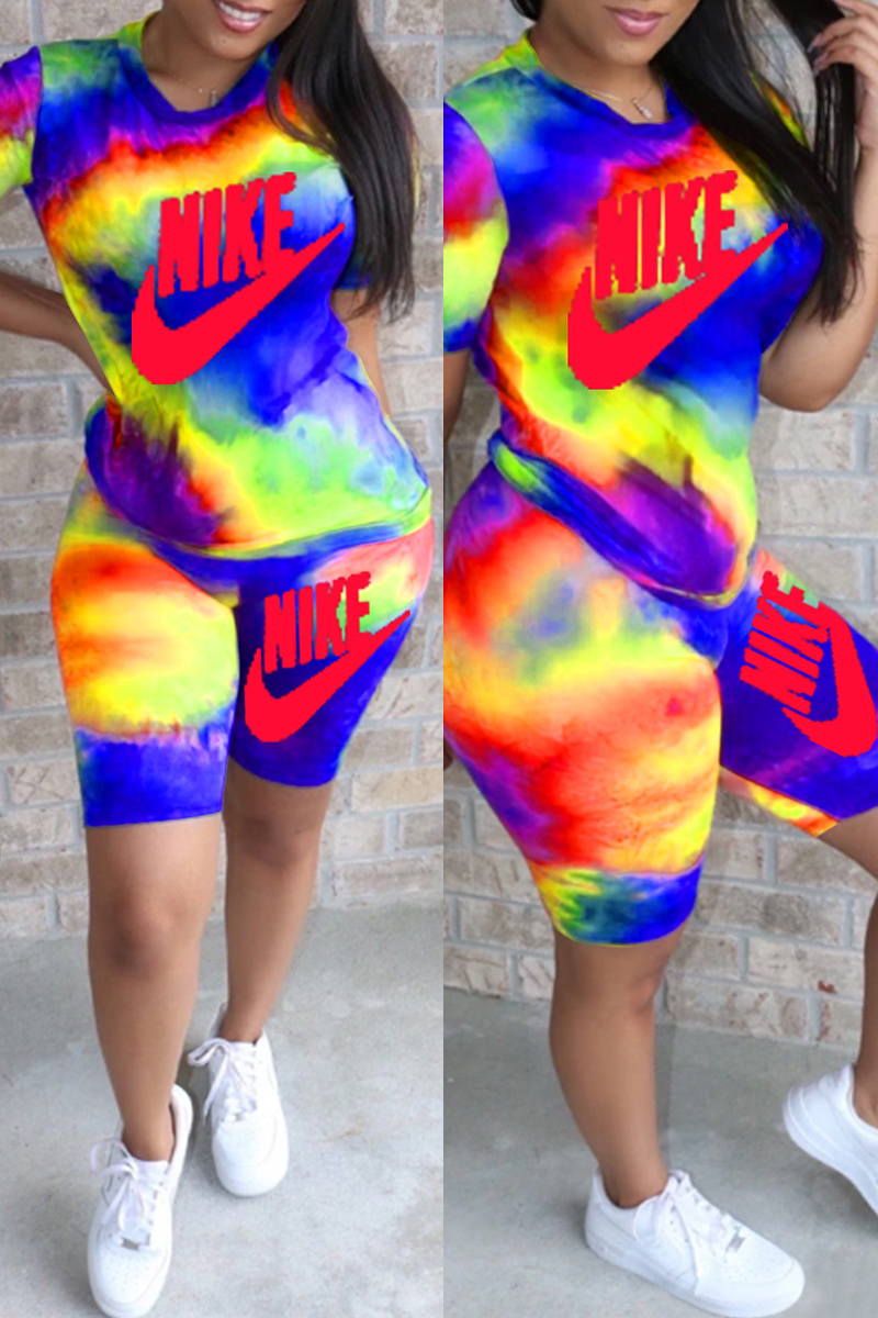

Blue Fashion Casual Letter Print Tie-dye O Neck Short Sleeve Two Pieces